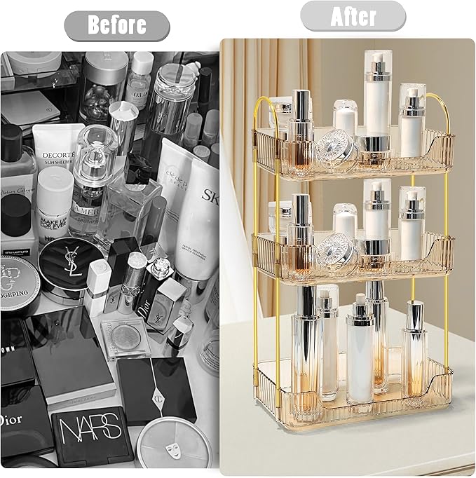 Bathroom Counter Organizer Countertop Storage Skincare Countertop Makeup Organizer Cosmetics Skincare Organizers Holder for Perfume-Amber-Golden Pole-3 Tier