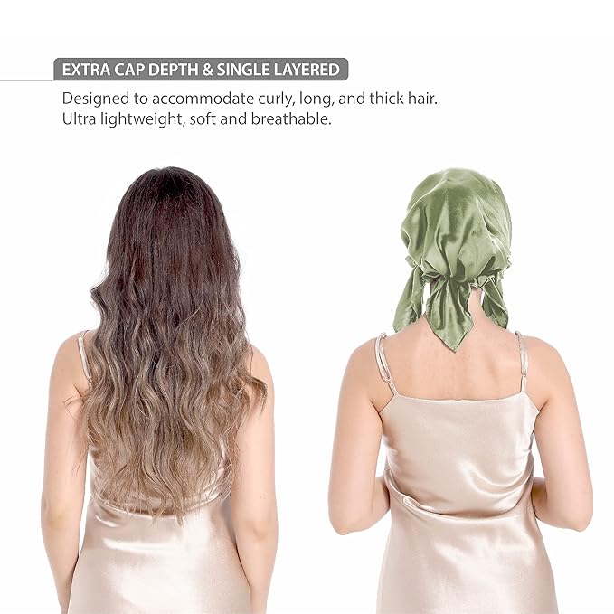 100% Silk Bonnet for Sleeping, Hair Bonnet with Tie Band, Large Silk Sleep Cap for Curly Hair, Silk Hair Wrap for Hair Care (Sage Green)