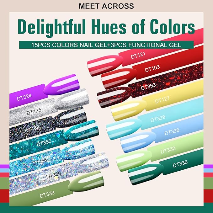 MEET ACROSS Gel Nail Polish Set 18PCS Glitter Gel Polish Set 15 Colors Nude Nail Polish Red Green Spring Gel Nail Polish Kit Nail Art Design Salon for Women