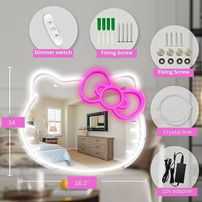 Anime Mirror 13.3 x 16.14 Inches Vanity Mirror with Lights Cat Design Bedroom Wall Mirror Girls Makeup Kitty Mirror with Lights Neon Sign Gift Mirror