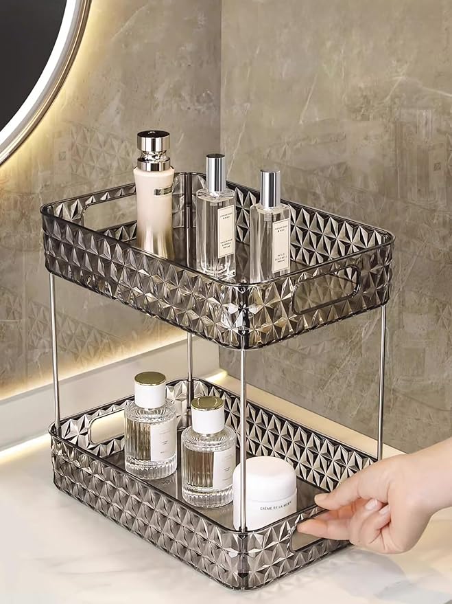 Makeup Organizer for Vanity, High-Capacity Clear Makeup Storage Perfume Organizers,Cosmetic Display Cases,Bathroom Countertop Organizer (Crystal Black, 2Tier)