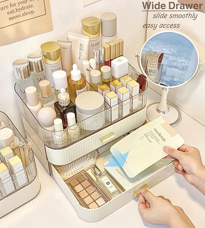 Makeup Organizer with Stackable Drawer, Cosmetic Storage Display Case for Vanity, Bathroom Countertop or Dresser,Counter top Holder for Lipstick, Brushes, Lotions, Eyeshadow, Nail Polish