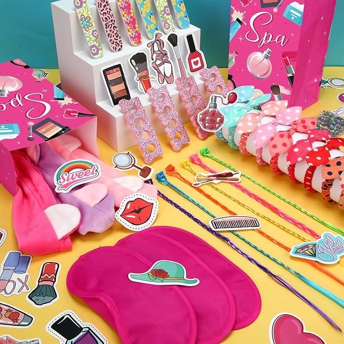 170 Pcs Spa Party Favors for Girls Multiple Spa Party Supplies Include Tote Bags Nail File Eye Mask Toe Separators Nail Stickers Cute Hairbands Hair Circle Colored Hair Braids Clip