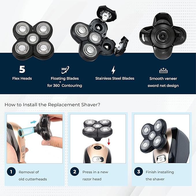 3 Pack Shaver Replacement Blades Compatible with Freedom Head Shaver Kit, 5 Blades Shaver Replacement Heads for Head Shavers for Bald Men, Replacement Blades for Head Electric Razor Shaving, 3 Brush