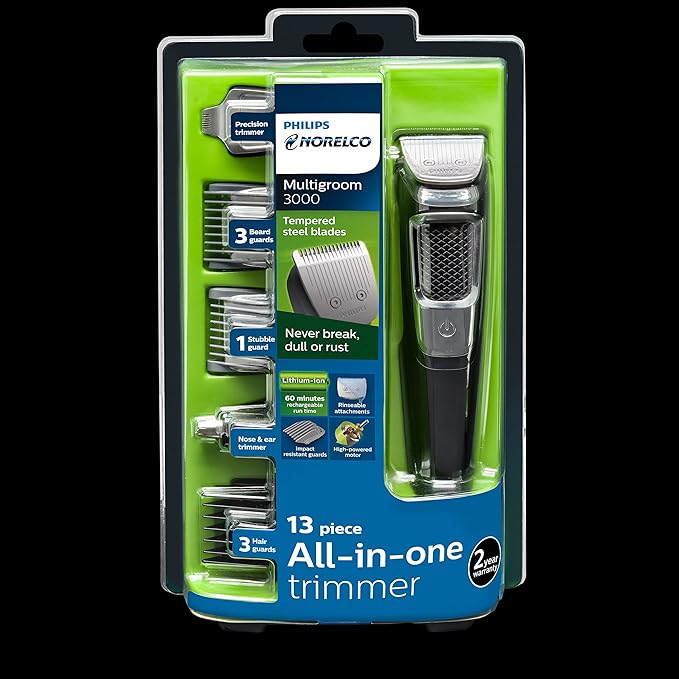 Norelco Philips Multigroomer All-in-One Trimmer Series 3000, 13 Piece Mens Grooming Kit, for Beard, Face, Nose, and Ear Hair Trimmer and Hair Clipper, NO Blade Oil Needed, MG3750/60