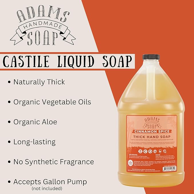 Adams Handmade Soap Thick Organic Castile Liquid Hand Soap 1 Gallon Refill - Cinnamon Spice (Pack of 4)