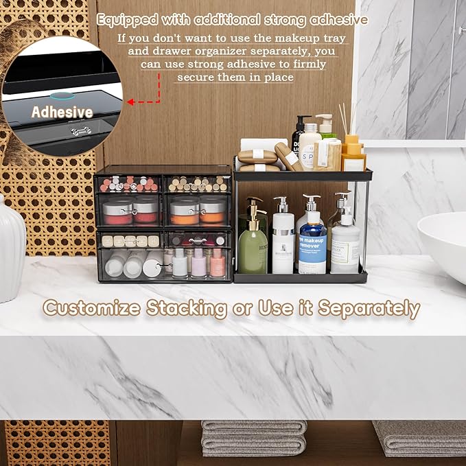 3 Pack Bathroom Organizers and Storage Countertop With 7 Drawers,Stackable Vanity Drawer Organizer for Makeup,18.9" Tall Large Capacity Skincare Organizer and Exquisite Makeup Organizer,Black