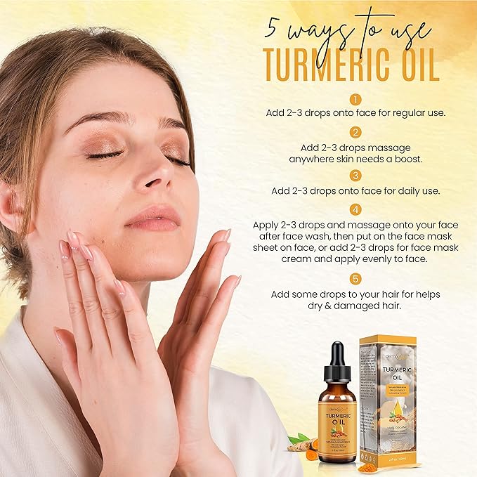 Organic Turmeric Oil for Skin Lightening – Turmeric Face Oil for Dark Spots, Anti-Aging & Hydrating Dry Skin – Glow Moisturizer for Face, Neck & Eyes (2 FL OZ / 60 ML)