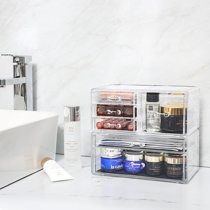 Cq acrylic 2 Pack Clear Desk Organizer With Drawers,Stackable 6 Drawers Skincare Organizer,Cute Skin Care Organizers for Vanity Hair Clip,Jewelry,Beauty Product Desk and Makeup Organizers Countertop