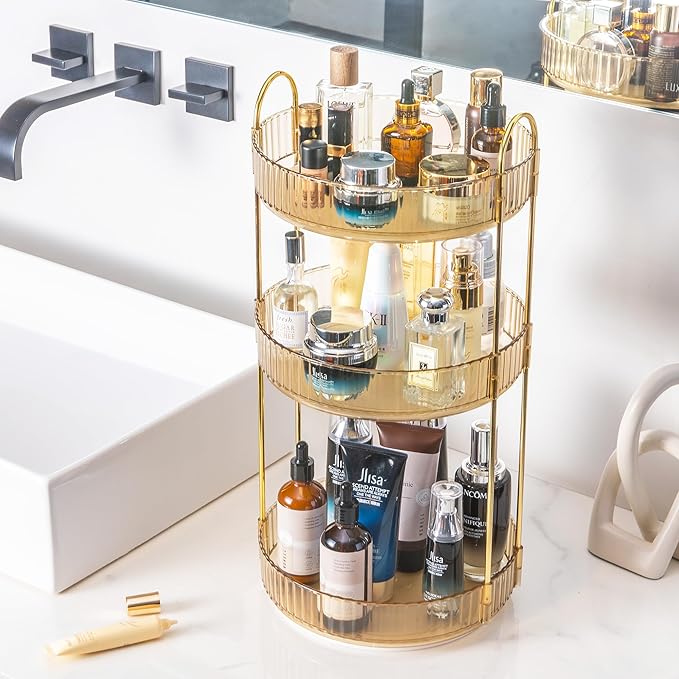 Aveniee Rotating Makeup Organizer for Vanity, 3 Tier Perfume Skincare Organizers and Storage for Bathroom Countertop, Clear Spinning Counter Shelf Cosmetic Holder for Dresser(Gold)