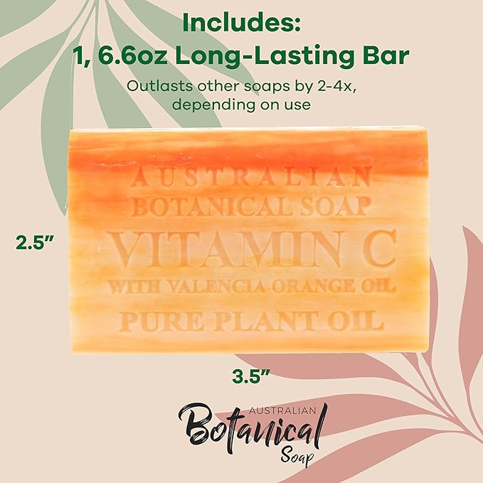 Australian Botanical Soap Vitamin C with Valencia Orange Oil 6.6 oz Triple Milled Luxury Soap Bar Enriched with Shea Butter, Suitable for Men, Women and All Skin Types, Pack of 1