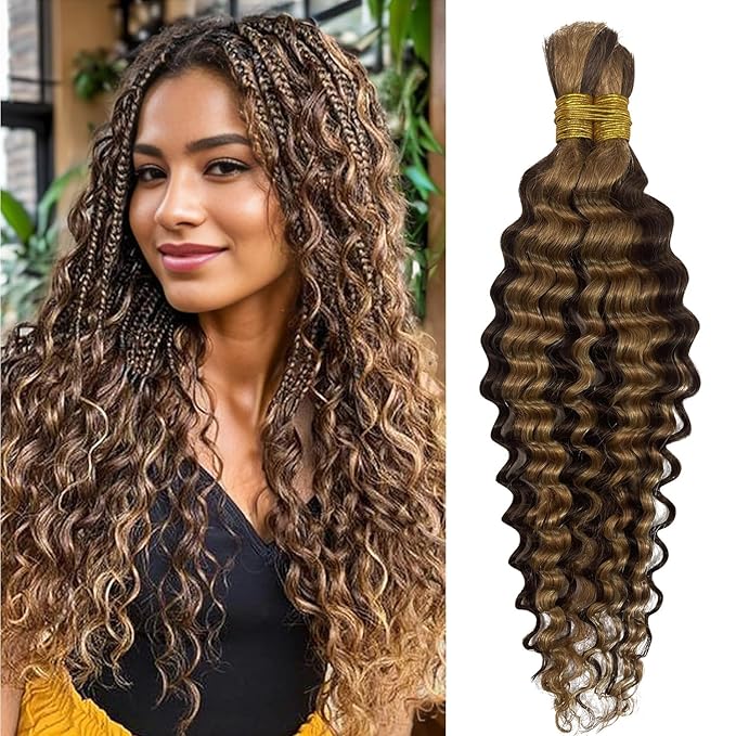 Human Braiding Hair 2 Bundles Deep Curly Wave Bulk Human Hair for Braiding Highlight 16INCH