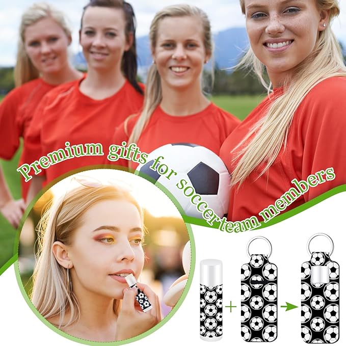 18 Sets Party Favors Lip Balm and Lipstick Holder Keychain Bulk Sport Ball Team Gifts Natural Moisturizing Lip Balm Keychains Pouch for Team Gifts Sports Party Supplies(Soccer)