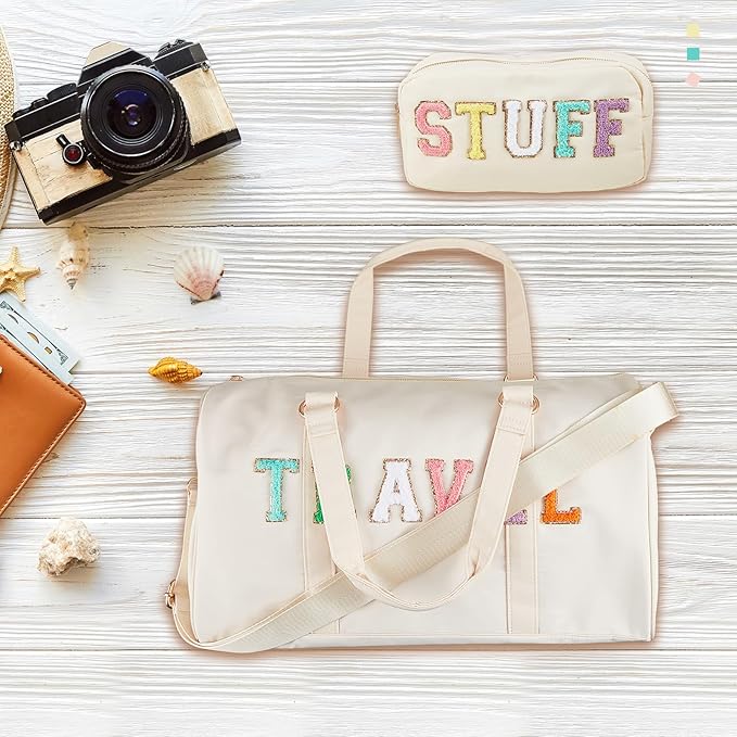 2 Pcs Preppy Chenille Letter Duffle Bag and Makeup Pouch, Travel Tote Bag Cosmetic Zipper Patch Makeup Bag (Nude)