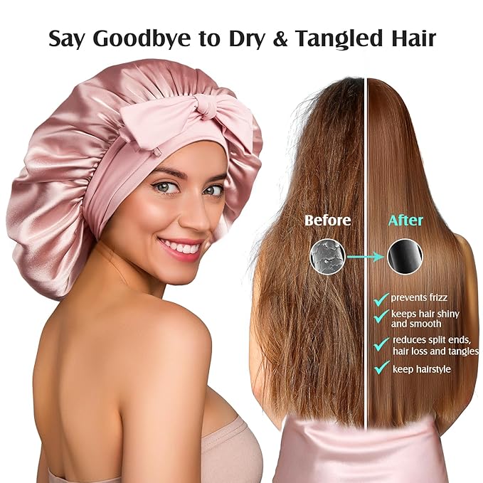 YFONG 100% 22 Momme Mulberry Silk Bonnet for Sleeping Women, Larger Double Layer Silk Hair Wrap for Curly Short Long Hair, Non-Slip Sleep Cap Turban with Elastic Tie Band for Hair Care, Pink