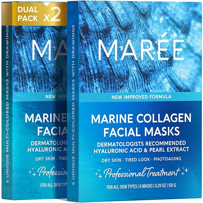 MAREE Collagen Facial Mask with Hyaluronic Acid — Sheet Face Mask Skincare — Centella Asiatica, Green & Red Algae Extract — Hydrating Facemask For Women Skin Care — Mascarillas Para La Cara — 12 Count