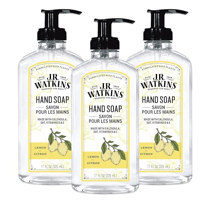 J.R. Watkins Gel Hand Soap, Scented Liquid Hand Wash for Bathroom or Kitchen, USA Made and Cruelty Free, 11 fl oz, Lemon, 3 Pack