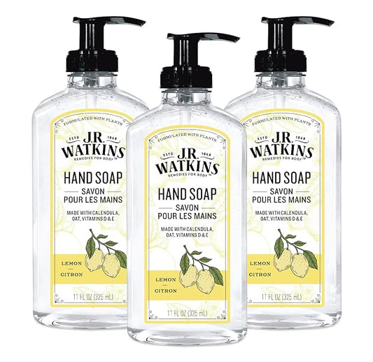 J.R. Watkins Gel Hand Soap, Scented Liquid Hand Wash for Bathroom or Kitchen, USA Made and Cruelty Free, 11 fl oz, Lemon, 3 Pack