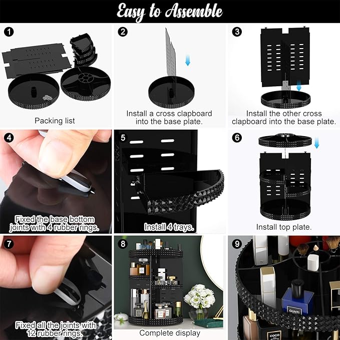 Black 360 Makeup Organizer Degree Rotating, 7 Layers Large Capacity Cosmetic Storage, Acrylic Makeup Organizers, Organizador De Perfumes Fits Makeup Brushes, Lipsticks, Bathroom, Black