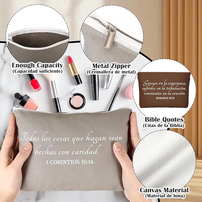 20 Pcs Christian Gifts for Women Religious Makeup Bags Cosmetic Inspirational Bible Verse Pencil Pouch with Zipper Mothers Day Thank You Church Gift Mom Travel Employee(Neutral,Spanish)
