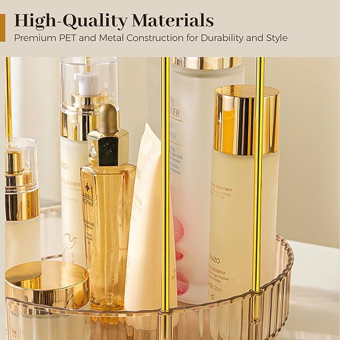 Aveniee 360 Rotating Makeup Organizer for Vanity, Upagraded Perfume Skincare Bathroom Counter Organizers with Brush Divider, Two Tier Spinning Lipstick Cosmetic Makeup Lotion Storage Organizer(Gold)