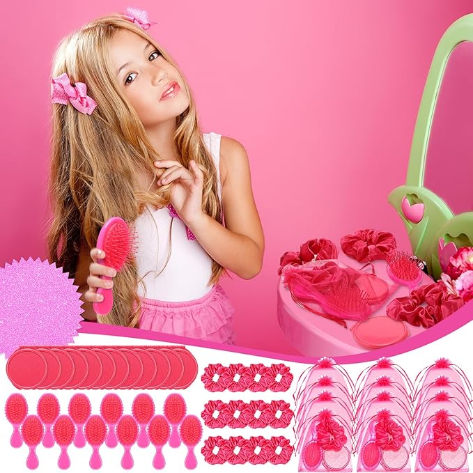 12 Set 12 Pcs Pink Girl Party Favors Kids Makeup Party Favor Pink Hair Brush Elastic Scrunchies Compact Cosmetic Mirror Organza Bags Hair Accessories for Girls Women