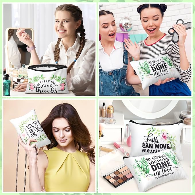 Pinkunn 16 Pcs Canvas Cosmetic Bag Bulk Inspirational Quotes Makeup Bags with Zipper Encouragement Travel Toiletry Pouch Appreciation Gift for Christmas Teacher Birthday Graduation(Bible Leaves)