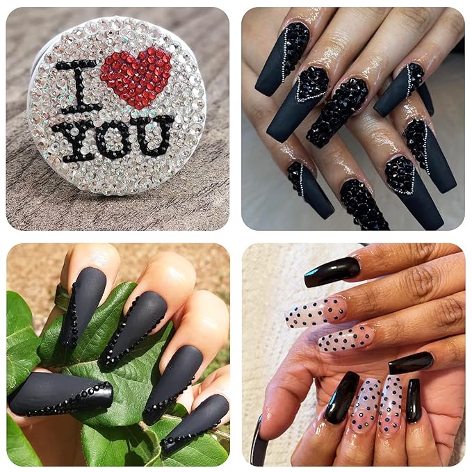 2400 Pcs Nail Gems black Rhinestones Flatback Rhinestones Diamonds Round Crystal nail jewels 6 Sizes (1.9-4.5 mm) Wax Pencil Tweezers for Nail Art Makeup Shoes Bags Crafts DIY (Black) HUETFAT