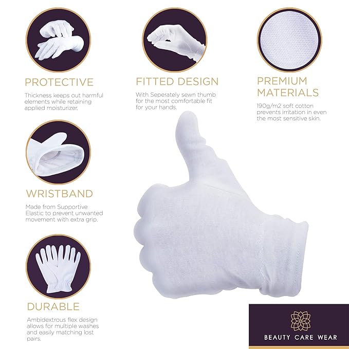 White Gloves Medium (10 pair) - Cotton Gloves for Eczema, Cotton Gloves for Dry Hands, White Cotton Gloves for Women, Spa Glove, Lotion Glove, Sleeping Glove