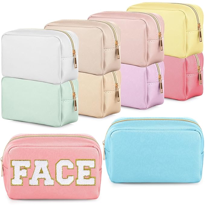 Sweetude 10 Pcs Preppy Makeup Bag Bulk Cosmetic Bag Bridesmaid Gift Wedding Day Bachelorette Party Favor Toiletry Pouch DIY PU Leather Skincare Pouch for Women(Classic Color)