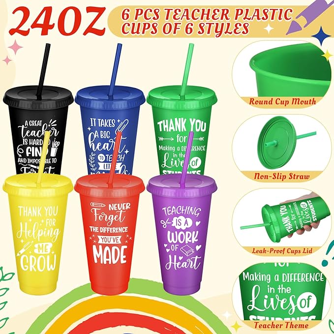 24 Pcs Teacher Appreciation Gift from Students 2025 Teachers' Day Thank You Gifts Bulk 24 oz Plastic Tumbler Cup Makeup Cosmetic Bag with Zipper Crew Sock Keychain for Retirement(Vibrant)