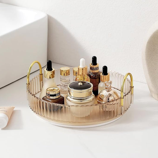 360 Rotating Makeup Organizer for Vanity, Skincare Perfume Tray, Bathroom Counter Make Up Organizers and Storage, Clear Cosmetics Lipstick Spinning Holder for Dresser(Gold)