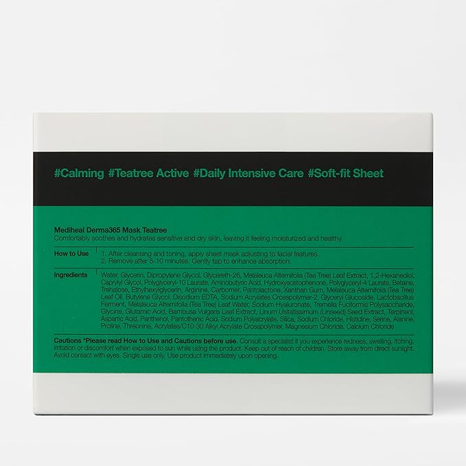 Mediheal Derma 365 Teetree Mask (30 Masks) - Daily Skin Care Mask for Deeply Comforting and Calming Skin with Teatree Active 4X