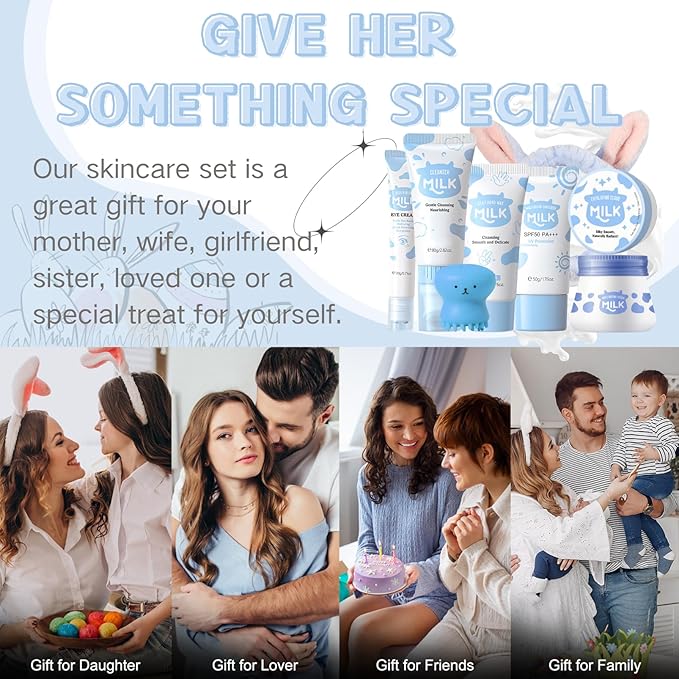 Skincare Kits Milk Girls Gifts - Teen Skin Care Set - Skin Care Routine Kit for Women - with Hand Wax,Sunscreen,Face & Eye Cream,Exfoliating Scrub,Cleanser - Mother's Day Gifts (8PCS, Milk)