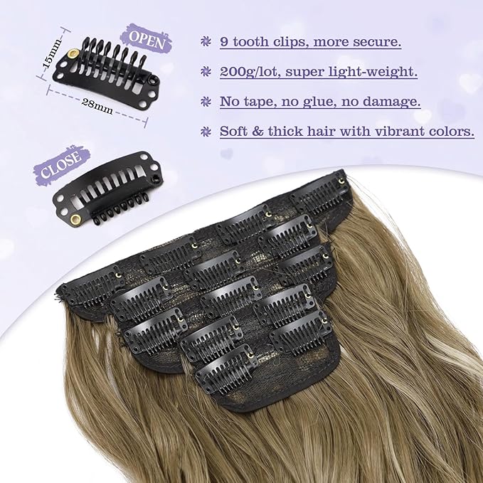 20 Inch Clip in Synthetic Hair Extensions 5Pcs Light Brown Blonde Mix Wavy Curly Hairpieces for Women Thick & Natural-Looking