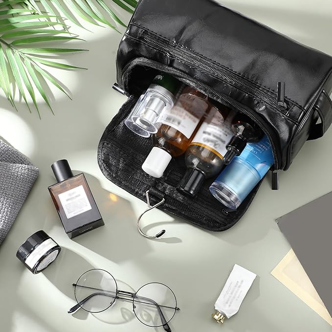 Aliceset 6 Pcs Groomsmen Gift Groomsmen Toiletry Bags Set of 6 Leather Toiletry Bag for Men with Hook Leather Wedding Proposal Bag with Side Handle Father Gift(Black)