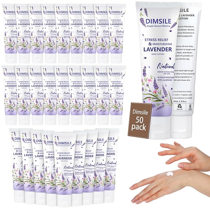 50 Pack Lavender Travel Size Body Lotion 1 Oz Dry Skin Moisturizer with Flip Cap for Extra Dry Skin, for Inns and Hotels, Airlines, Offices, Gyms and More