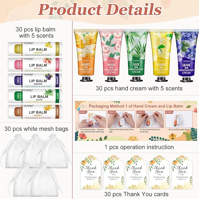 30 Sets Bulk Hand Lotion and Bulk Lip Balm Gifts, Mothers Day Gifts, Bridal Shower Favors and Wedding Favors for Guests with Thank You Card and Organza Bags, Teacher Gifts and Nurse Gifts for Women