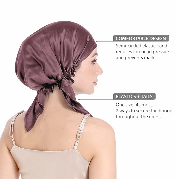 100% Silk Bonnet for Sleeping, Hair Bonnet with Tie Band, Large Silk Sleep Cap for Curly Hair, Silk Hair Wrap for Hair Care (Mauve)