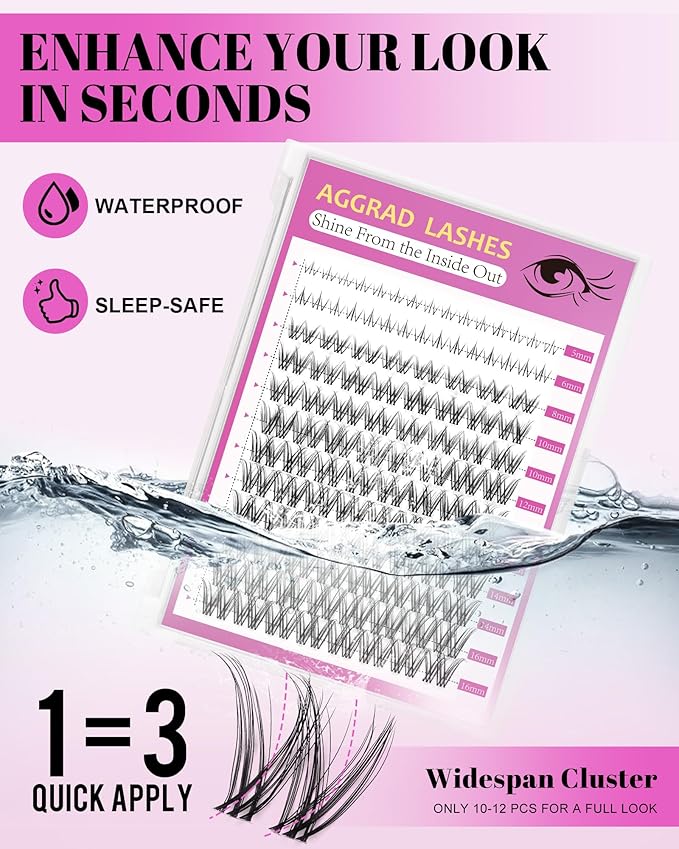 Venus Lash Clusters Kit Wispy 8-16mm with 5-6mm Bottom Lashes Natural Individual False Cluster Eyelash Extension Kit D Curl with Waterproof Bond and Seal & Lash Remover for Fake Lashes Extensions