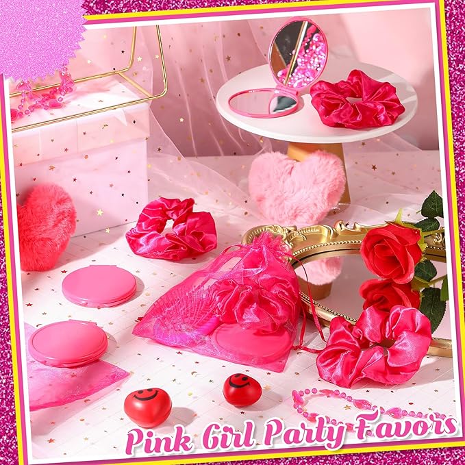 12 Set 12 Pcs Pink Girl Party Favors Kids Makeup Party Favor Pink Hair Brush Elastic Scrunchies Compact Cosmetic Mirror Organza Bags Hair Accessories for Girls Women