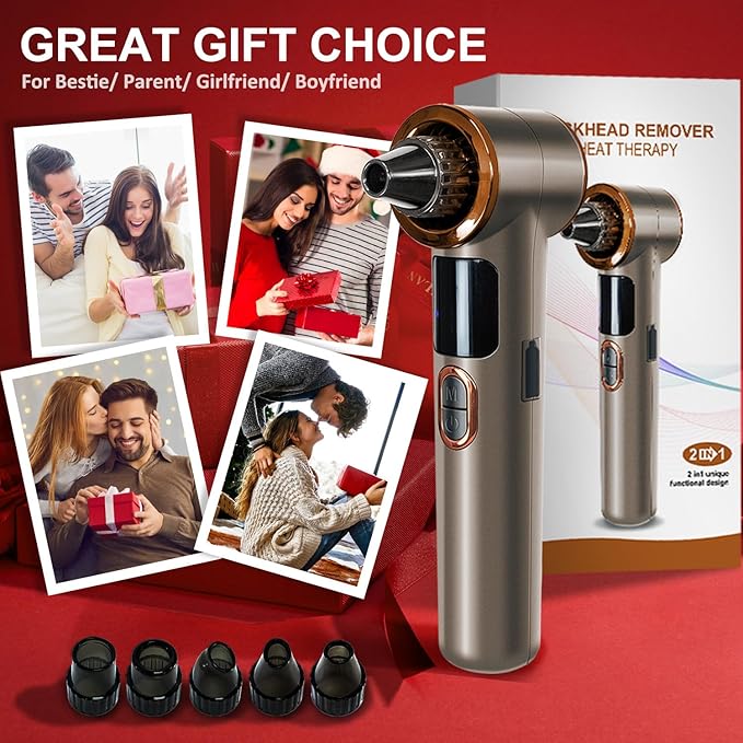2 in 1 Blackhead Remover Pore Vacuum, Blackhead Vacuum Extractor with Heating Mode, Facial Pore Cleaner Electric, Whitehead Remover Tool-9 Suction Power, 5 Probes Blackhead Vacuum Kit for Women & Men
