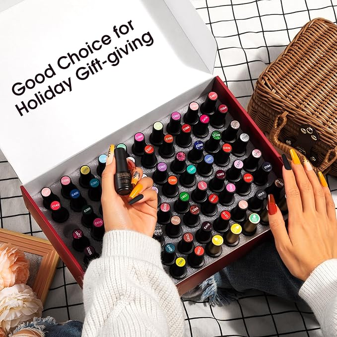 ROSALIND 65PCS Gel Nail Polish Set, 60 Colors Glitter Red Gel Polish with 5 Bottles of Base and Glossy Matte Top Coat Soak off Nail Set Suitable for All Seasons
