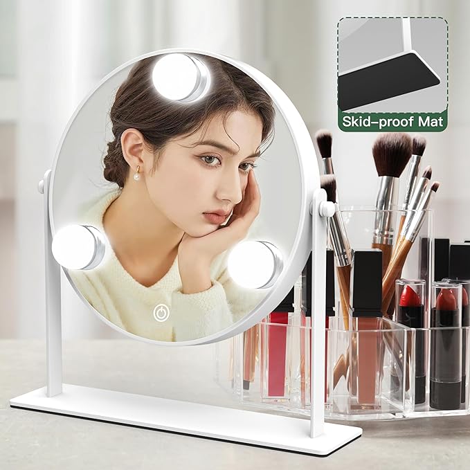 10"x10" Lighted Makeup Mirror, Hollywood Vanity Mirror with 3 Dimmable LED Bulbs, Dimmable Touch Screen, Light up Mirror, Portable Travel Mirror, 360° Rotation, White