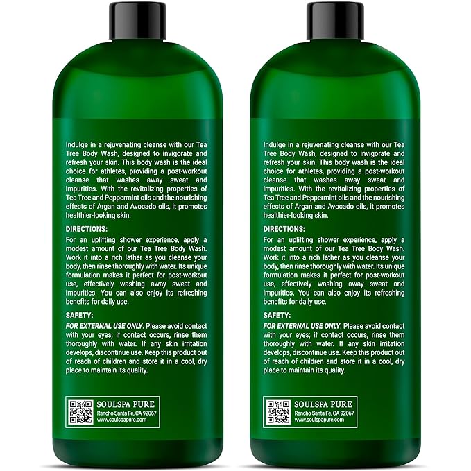 Tea Tree Body Wash Men & Women - Shower Gel Soap with Peppermint - Helps with Body Odor, Soothes Itching, Deep Cleansing Post Workouts - 16 fl oz x 2