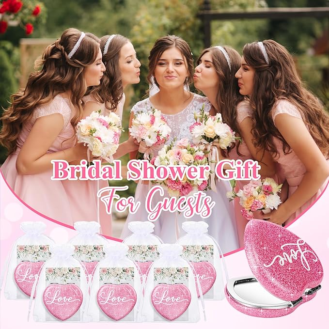 12 Sets Bridal Shower Favors for Guests Include Pink Heart Compact Mirrors Bulk Thank You Cards and Organza Bags Bridal Shower Thank You Gifts Wedding Souvenirs for Bridesmaid
