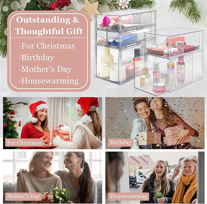 Homecor Stackable Storage Drawers Set of 7, Bathroom Makeup Organizer,Bathroom Organizers and Storage, Clear Cosmetic Storage Box For Vanity, Skincare, Undersink, Kitchen Organization (2L+M+4S)