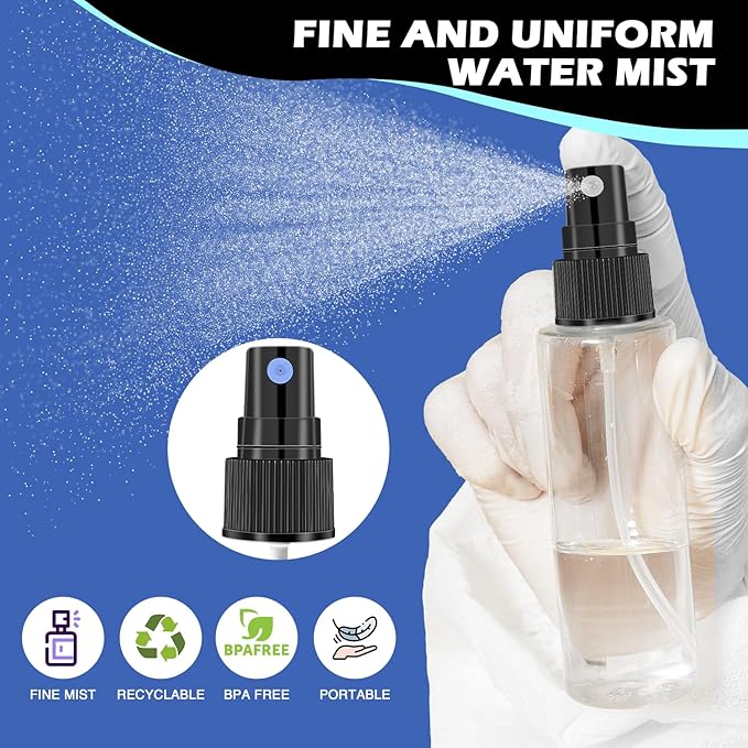 100 Pack 2oz/55ml Plastic Spray Bottles Mini Travel Spray Bottle with Black Cap Empty Fine Mist Spray Bottles Refillable Liquid Container for Perfumes Travel Makeup