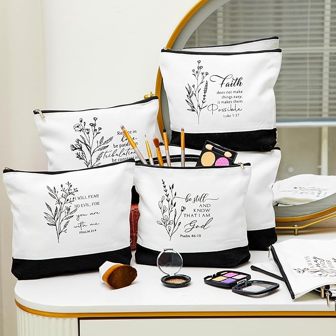 20 Pcs Christian Gifts for Women Religious Makeup Bags Cosmetic Inspirational Bible Verse Pencil Pouch with Zipper Mothers Day Thank You Church Gift Mom Travel Employee(White&black,Aesthetic)