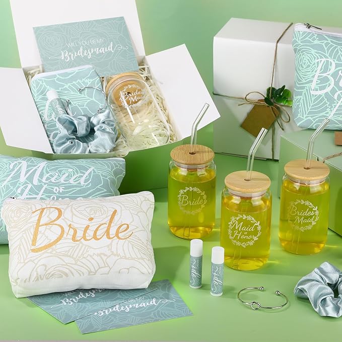 54 Pcs Bridesmaid Proposal Gifts Bridesmaid Box Set Include Bridal Shower Gift Box Makeup Bag Invited Card Glass Cup Lip Balm Scrunchie Hair Knotted Bracelet for Maid of Honor(Green, White)